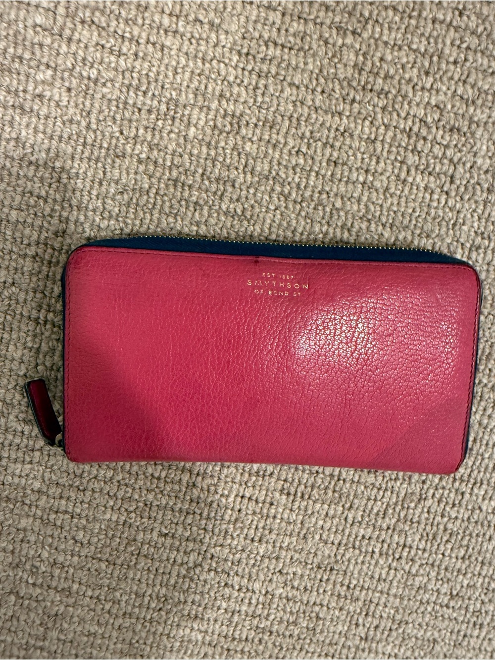 Smythson Pink Zip-Around Leather Wallet with Navy Trim